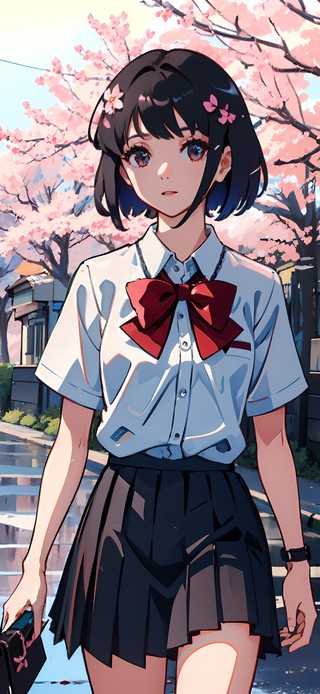 雨后樱花街道少女