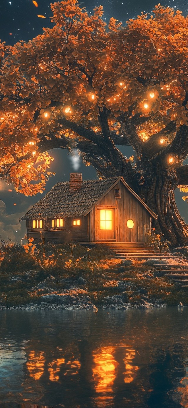 秋日夜晚岛上小屋