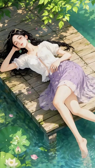夏日荷塘闲憩美少女