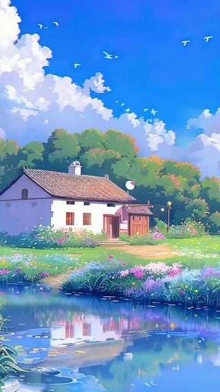 蓝天白云树木河流