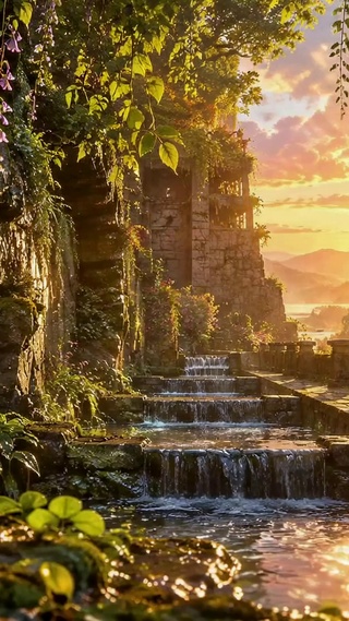 落日溪流古迹治愈风景
