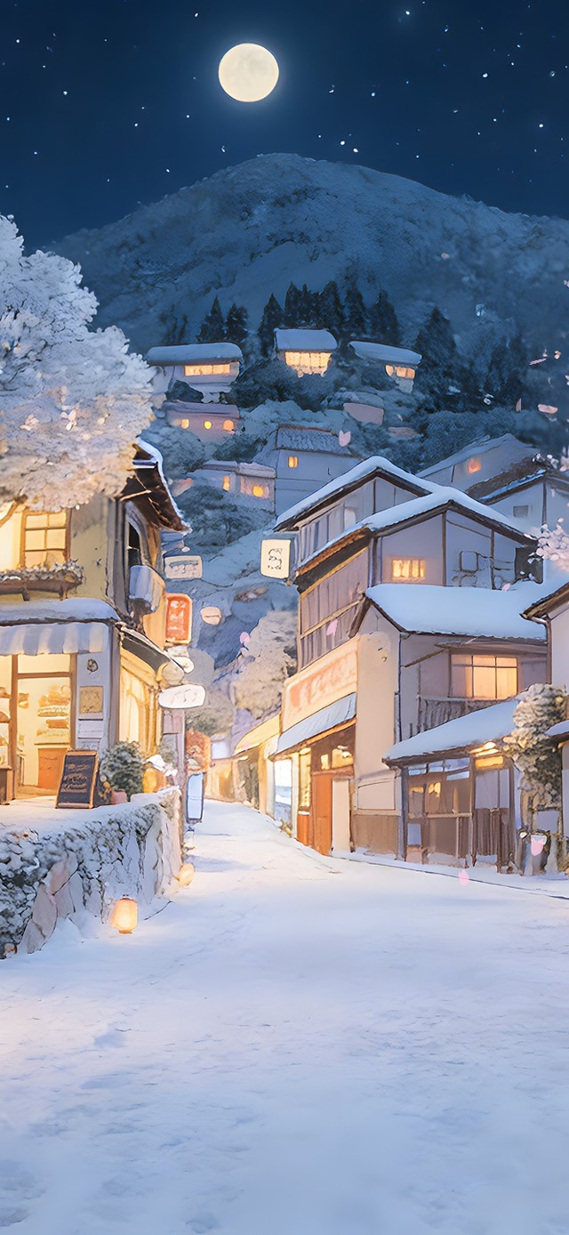 夜晚雪景樱花小镇