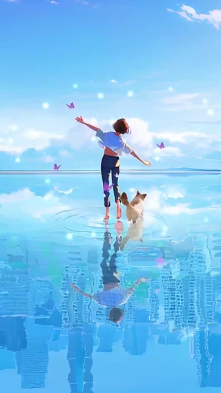 水中少女与狗