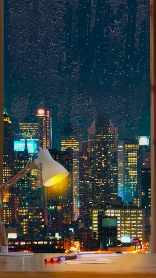 窗外雨天夜景