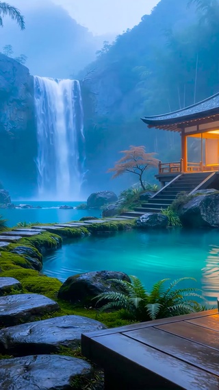 山谷瀑布木屋