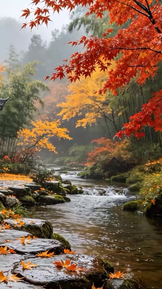 秋天竹林溪边木屋