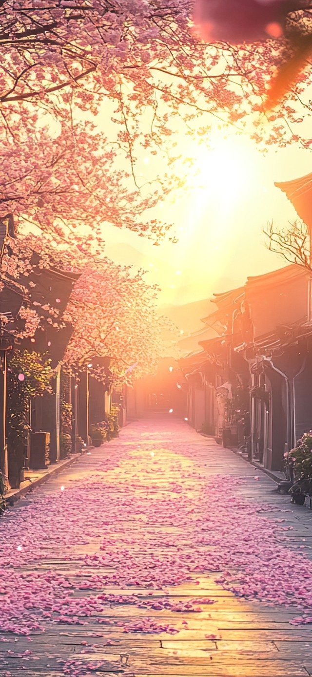 落樱古镇的浪漫黄昏