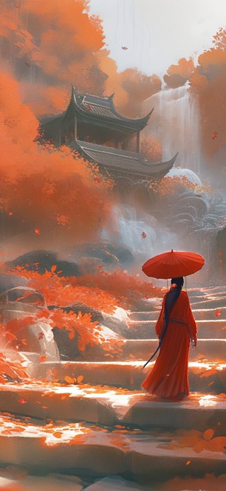 山中红衣撑伞人