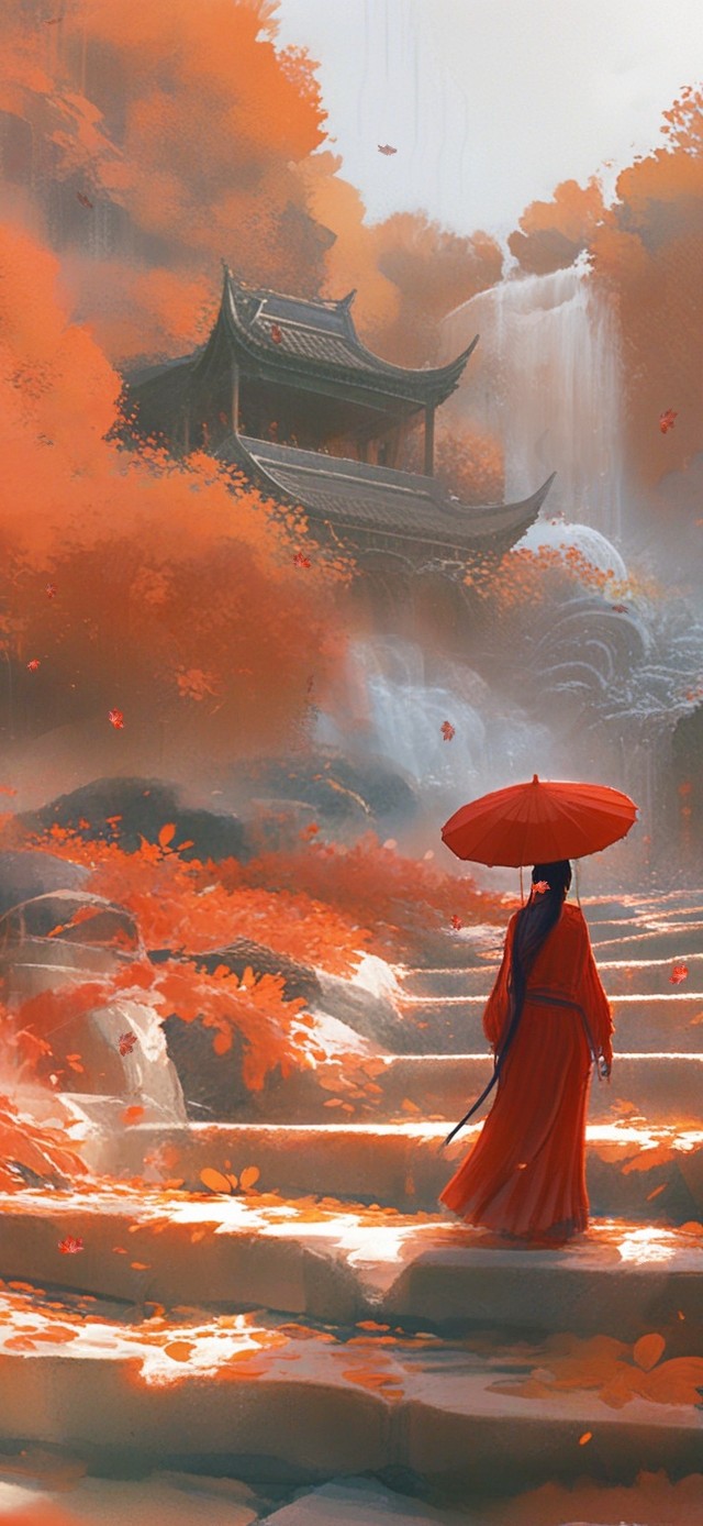 山中红衣撑伞人