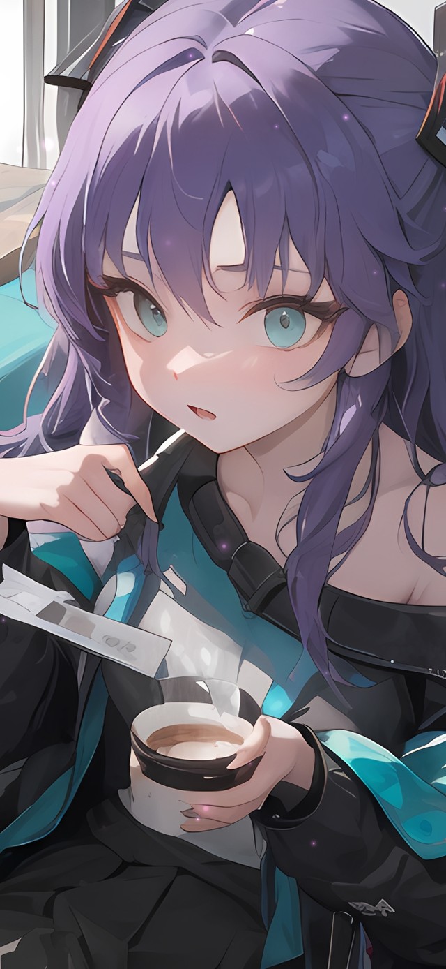 可爱紫发咖啡少女