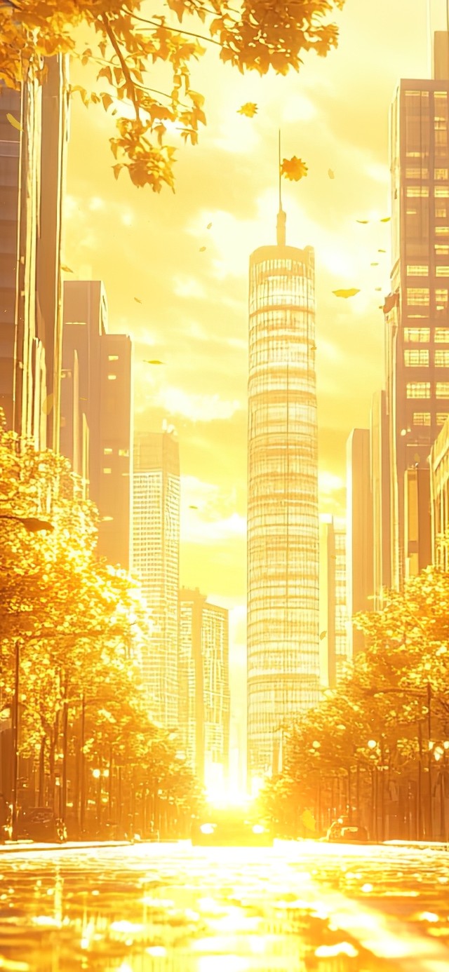 金色黄昏落日城市街景