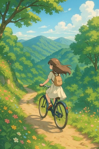 夏日清风山间小路清纯美女骑单车