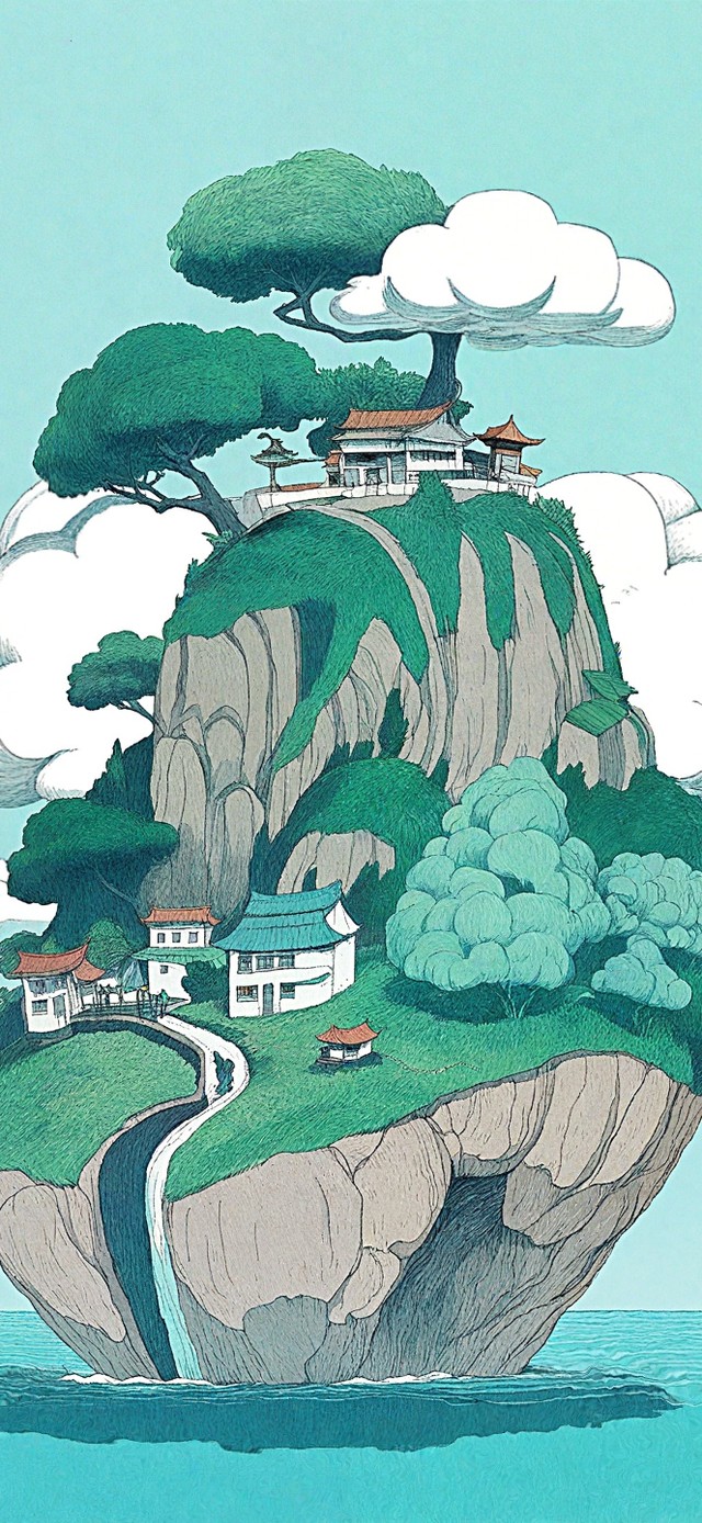 海中依偎棉花云的鹅卵石岛