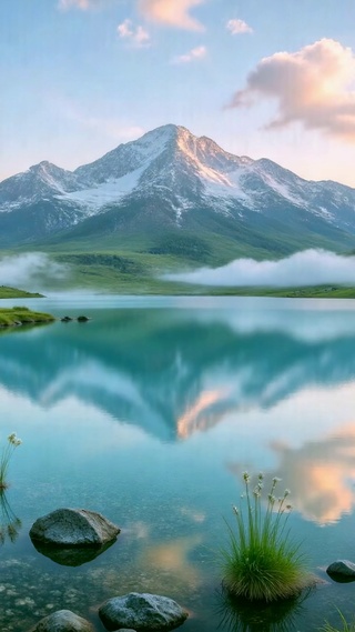 治愈雪山湖泊清晨风光