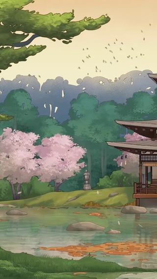 插画-古风阁楼山水画