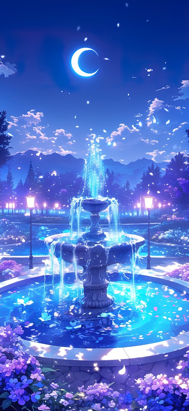 月下唯美梦幻花园喷泉