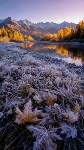 霜染秋林，镜湖映雪山