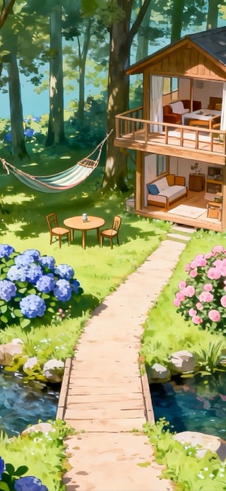 岛上的吊床小木屋