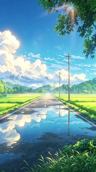 雨后初晴 蓝天白云倒影乡间小道