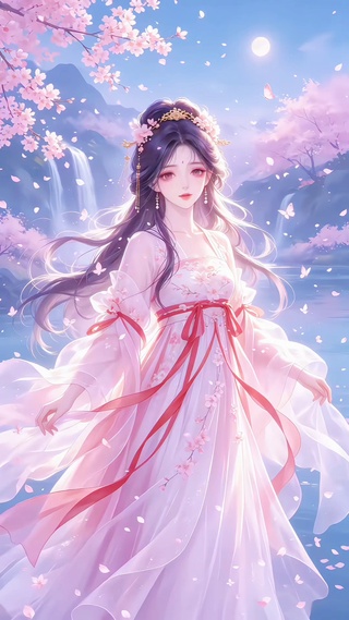 流水樱落月下美人