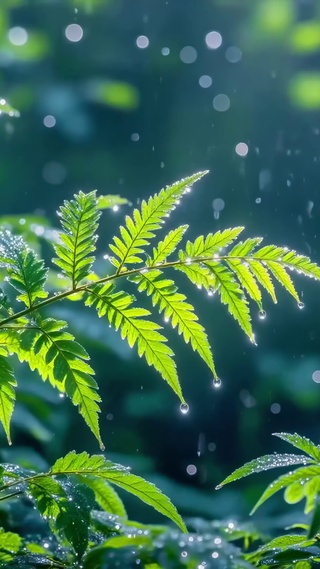 雨后森林里的发光蕨叶