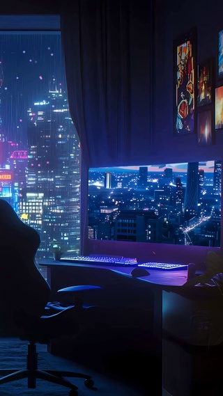 夜景城市科幻房间