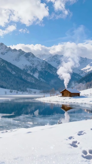 雪山湖畔冬景