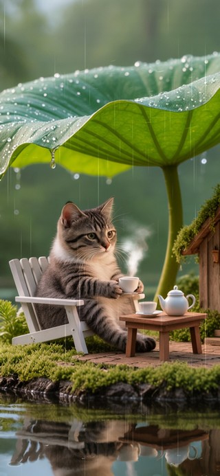 雨天荷叶小猫