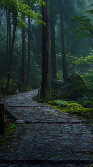 幽静雨天林间古道