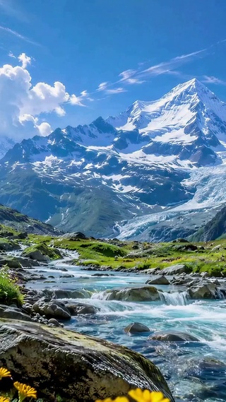 清新雪山溪流治愈自然风光