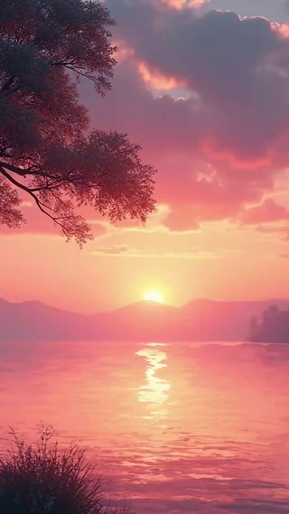 唯美治愈湖畔黄昏