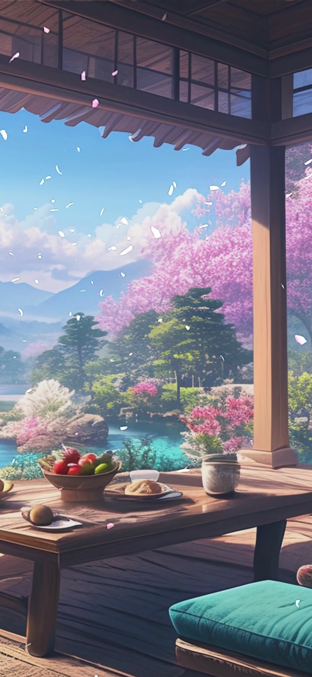 蓝天白云树木樱花