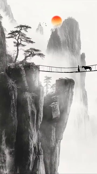 夕阳下悬崖边的小桥