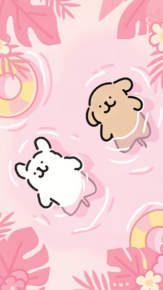 线条小狗的粉色泳池派对