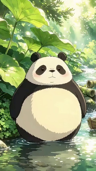 夏天溪流呆萌趣味熊猫