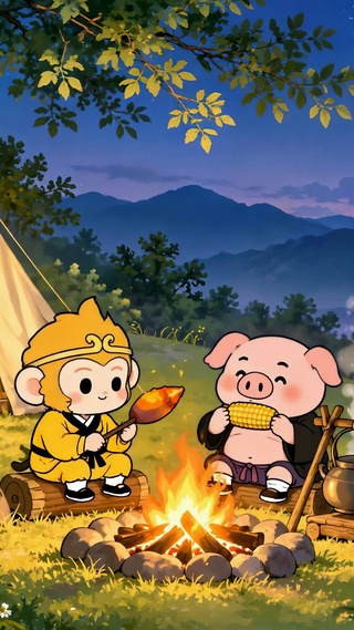 Q版西游师徒山间露营夜景