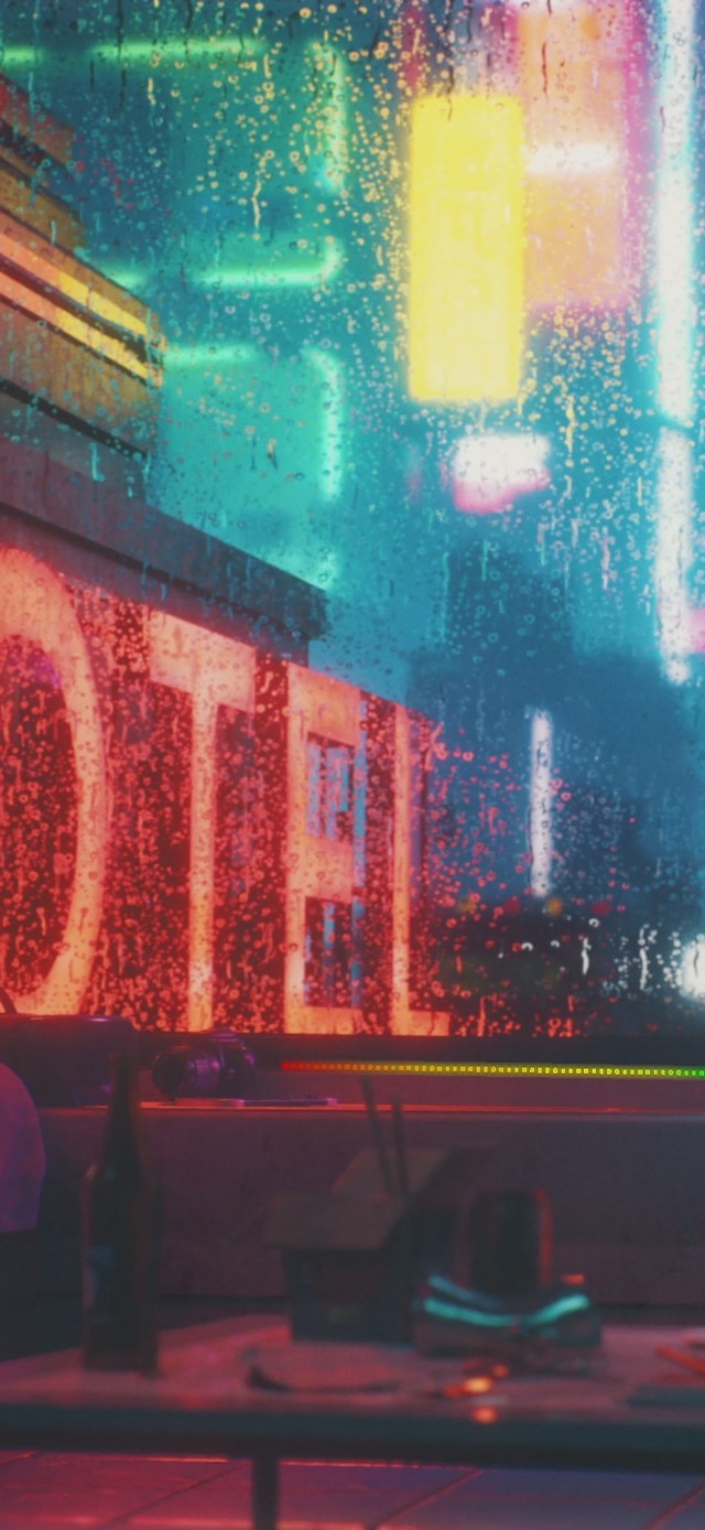 4K赛博朋克霓虹城市雨夜房间