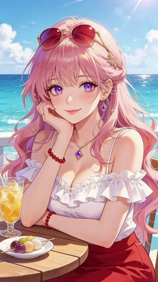 粉发海边女孩