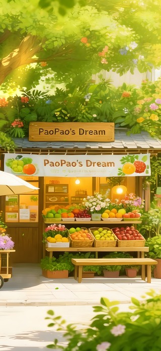 唯美绿色树下水果摊