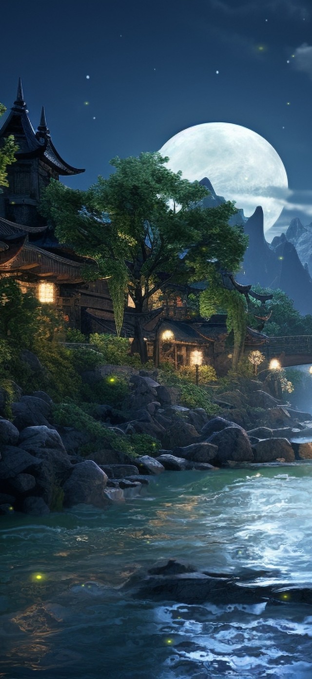 月明星稀河边村庄