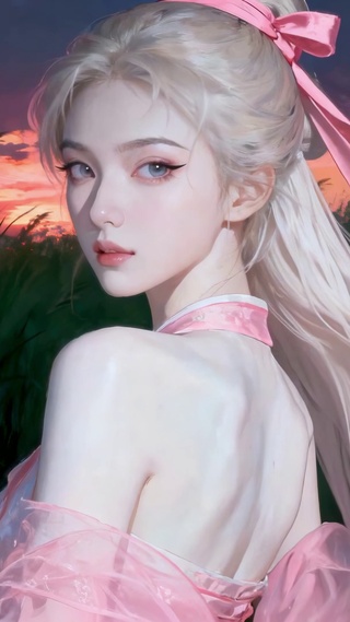 纯欲白月光女孩夕阳芦苇丛中回眸
