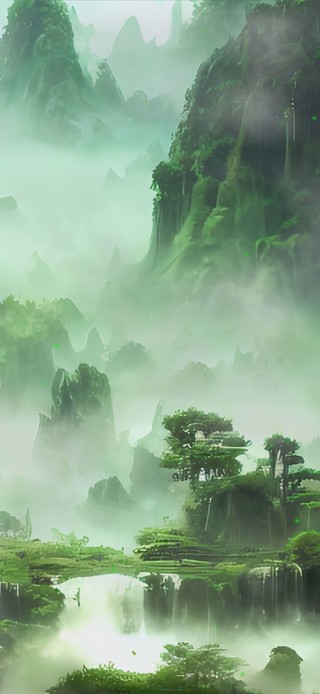 山间瀑布群晨雨