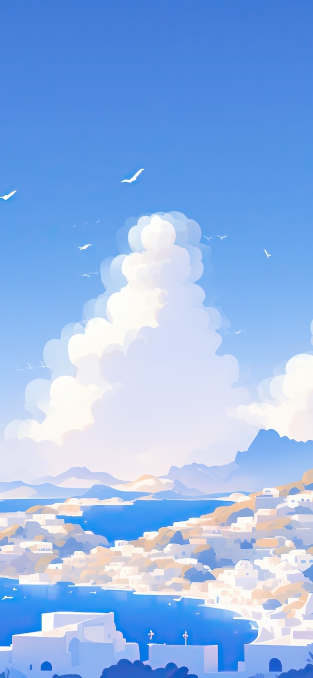 蓝色系海滨小镇插画