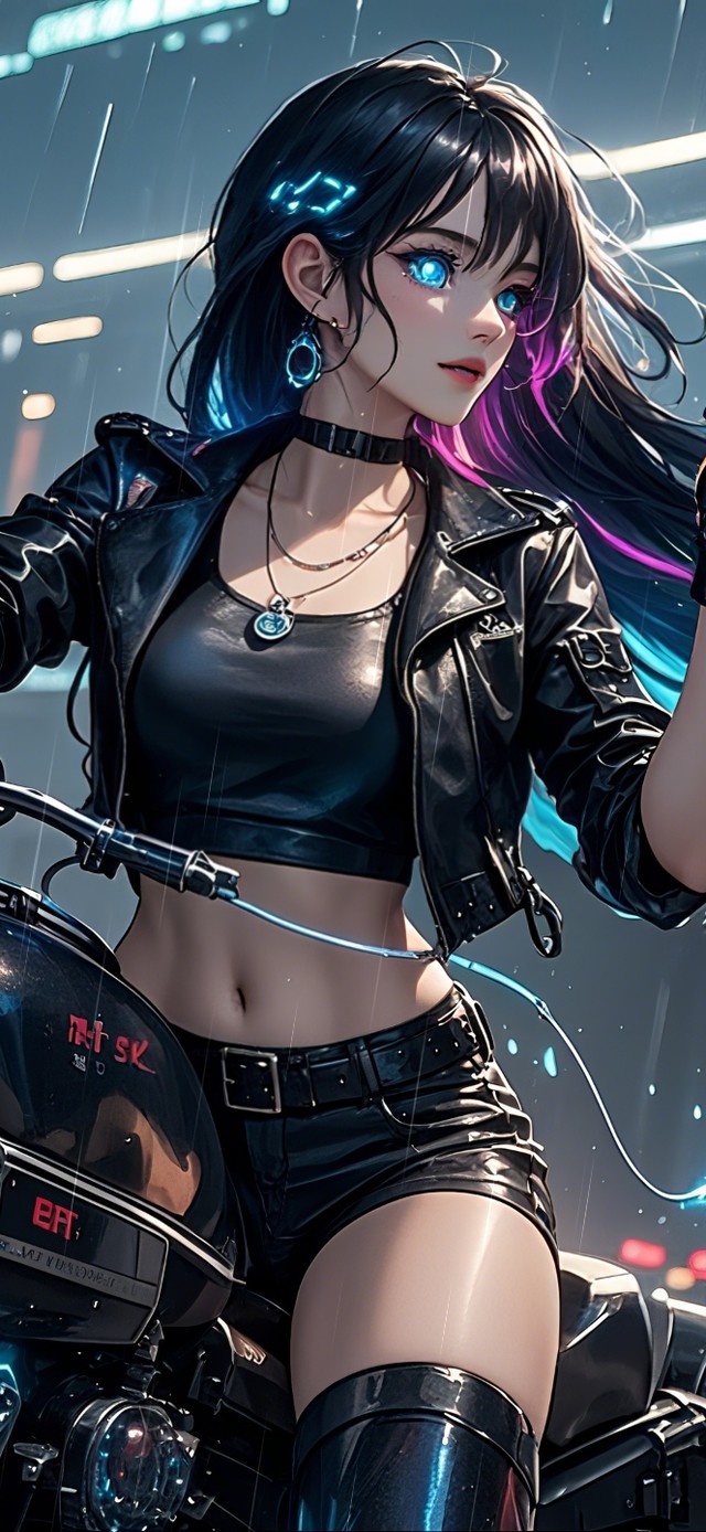 雨中酷飒的机车美女