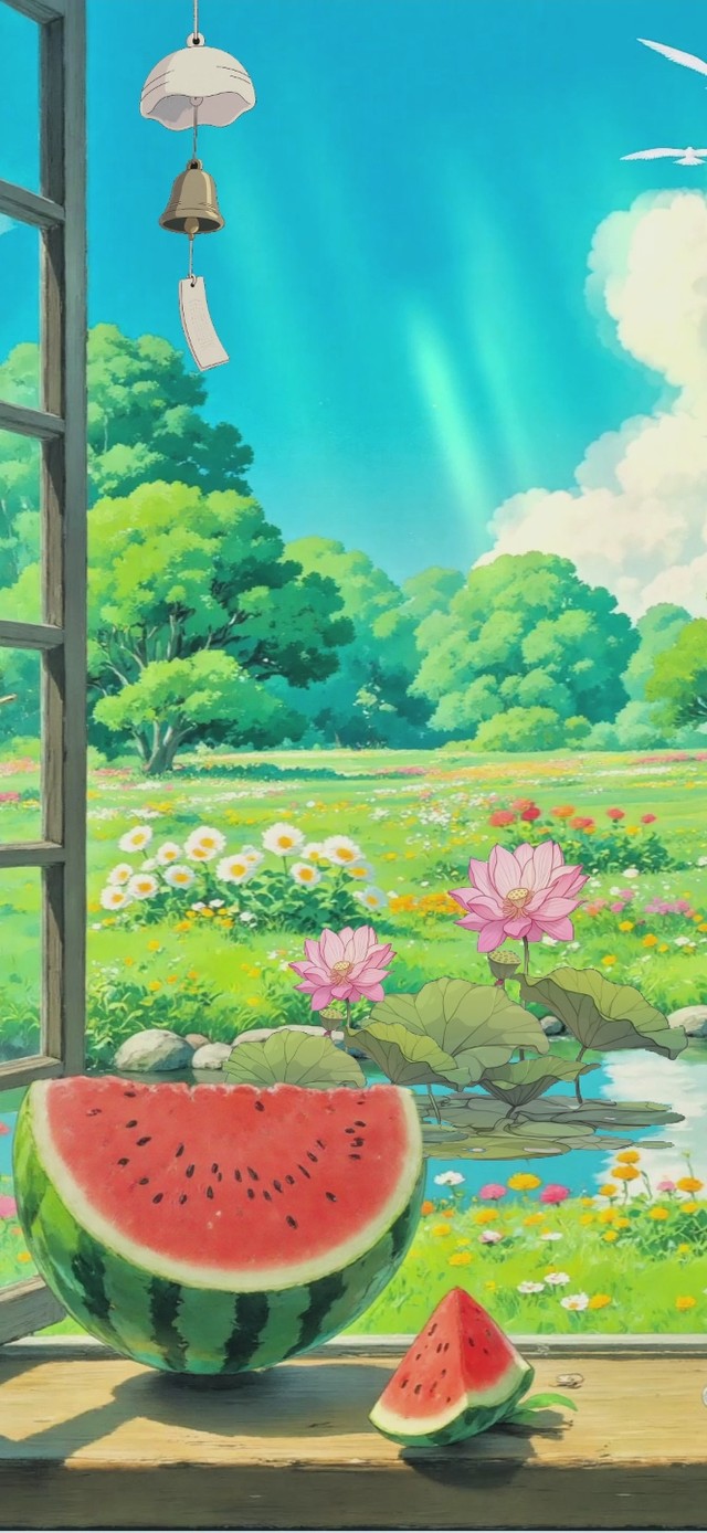 夏日窗边田园清新风景图