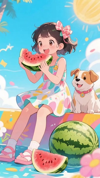 女孩坐在海边吃西瓜