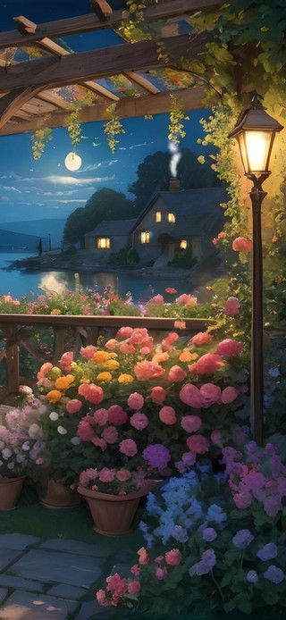 夜晚湖边花园小屋
