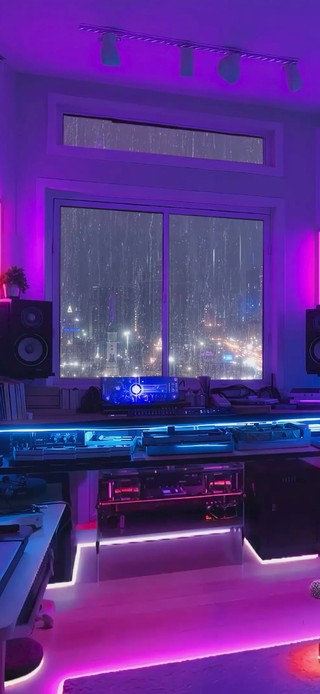 霓虹雨夜电脑房间
