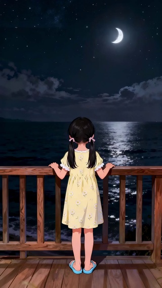 夜晚中的鲸鱼和小女孩