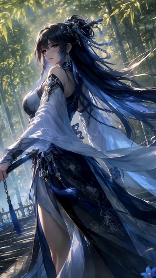 竹林瀑布古风持剑美少女